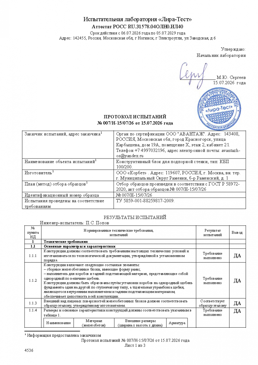 Протокол испытаний КБП КорБет